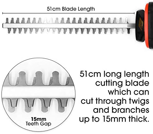 Terratek 20V Cordless Hedge Trimmer, 51cm (510mm) Cutting Length, Easy Cut Pro Lightweight Garden Handheld Cutter, Charger and Safety Blade Guard