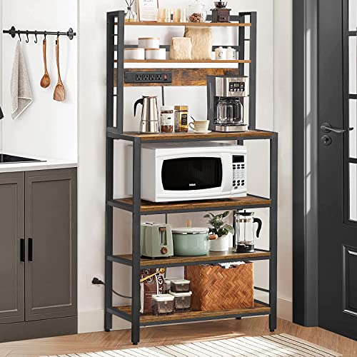 Beewoot Baker's Rack With Power Outlet, Microwave Oven Stand With Hutch, 6 S Hooks, Kitchen Utility Storage Shelf, For Kitchen Dining Room, Living Room, Rustic Brown Br01Bb032 #TOP1
