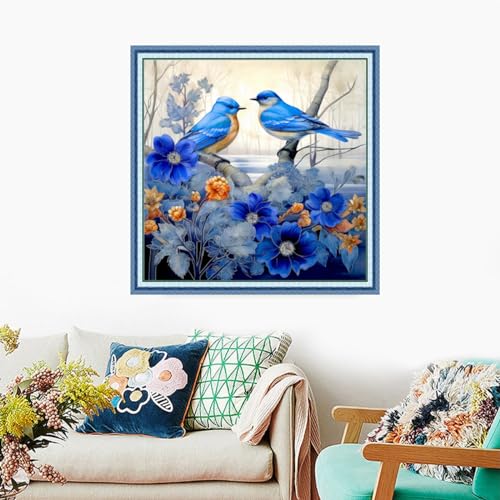 Image of Foxdiviy Stamped Cross Stitch Kits Full Range of Embroidery Needlework Starter Kits for Beginners Adults 11CT Embroidery Patterns Art Crafts DIY Needlepoint Kits-Blue Bird 18x18 inch