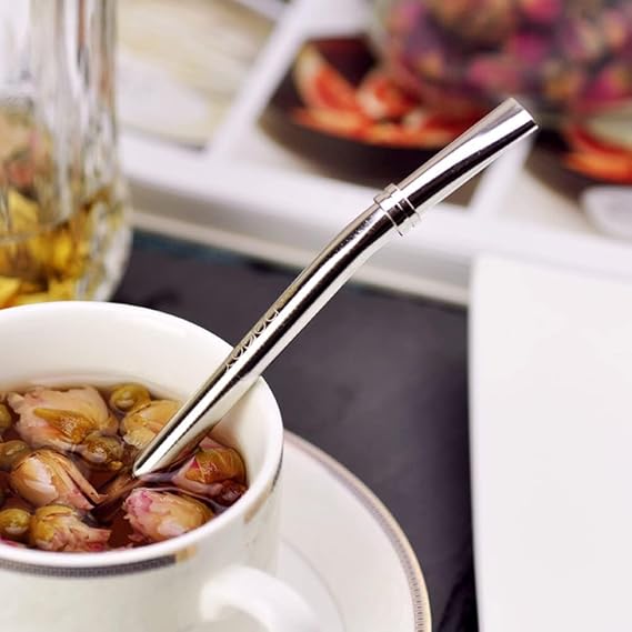 Metal Straws Reusable Stainless Steel Drinking Straw Silver Color Yerba Mate Tea Drinking Straw Bombillas Straws with Gourd Filter for Milkshake Cocktail Hot Drinks