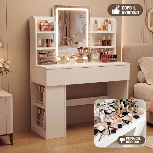 JUMMICO Toeletta con Specchio LED, Luminosità Regolabile, Tavolo da Trucco 90 cm con 2 Grandi Cassetti, 6 Ripiani Aperti, Vano Laterale, Mobile per Camera da Letto (Bianco, Senza Sgabello) - Immagine 4