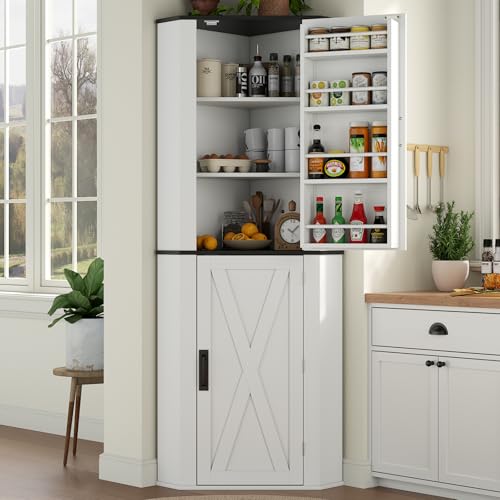 Gyfimoie Corner Cabinet, Freestanding Kitchen Pantry Storage Cabinet with 2 Doors and Shelves, Buffet Hutch with Side Shelf, Tall Farmhouse Food Pantry for Kitchen, Dining Room, White