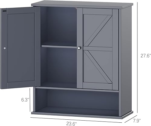 Miniatura 2 de Reettic Gabinete de pared de dos puertas, botiquín de madera, armario de almacenamiento de baño montado en la pared con estante interior ajustable,