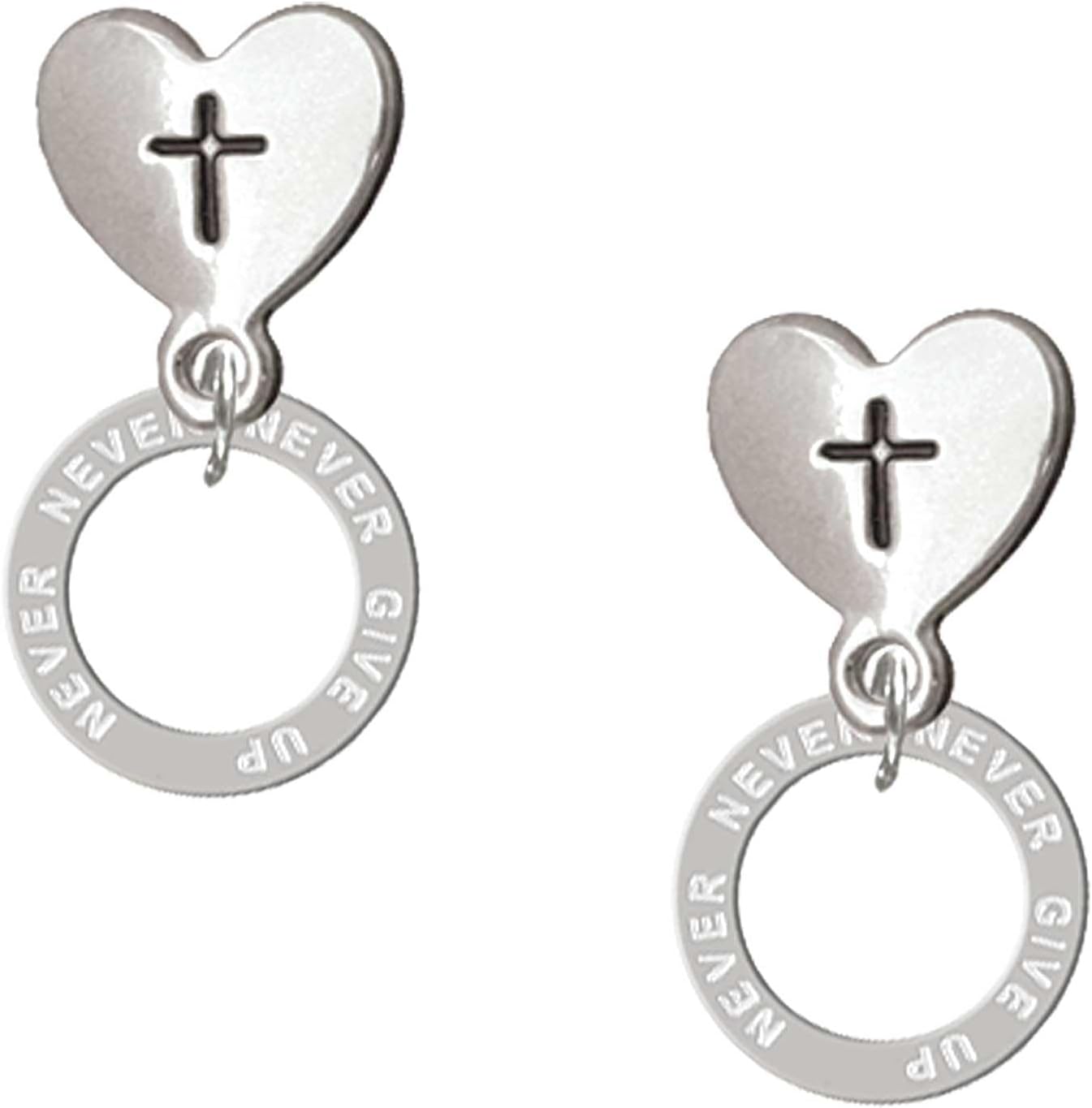 Delight Jewelry Silvertone Message Eternity Ring Cross in Heart Post Dangle Earrings