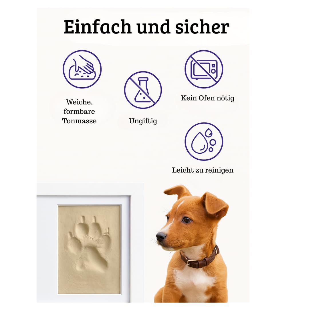 Bilderrahmen für Haustierabdrücke (Hund, Katze) mit Foto, Druckset aus weißem Ton, Geschenkbox mit farbigem Passepartout, personalisiertes Andenken für Hunde und Katzen.