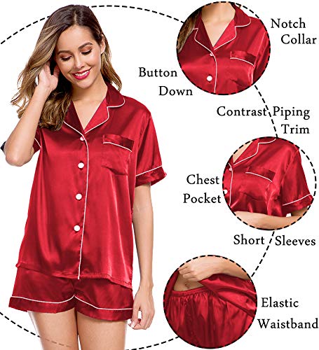Image of LecGee Womens Silk Satin Pajamas Short Sleeve Loungewear Two-Piece Sleepwear Button-Down Pj Set