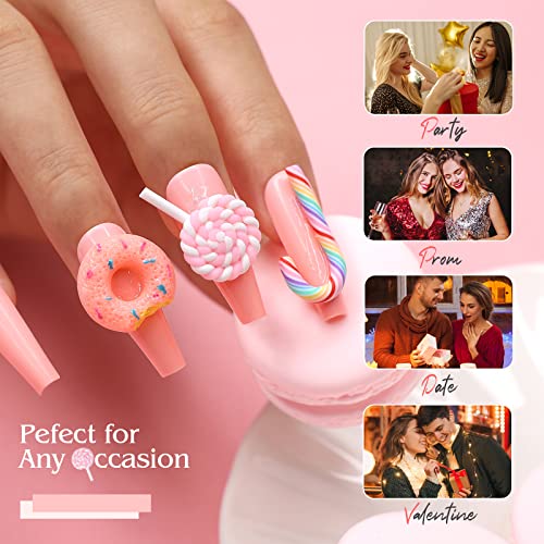 Kikmoya Extra Long Coffin Press On Nails Pink With 3D Candy Design 24Pcs Acrylic False Nails Glossy Artificial Fake Nails Full Cover Nail Tips Stick On Nails For Women And Girls (Colorful Candy) #TOP5