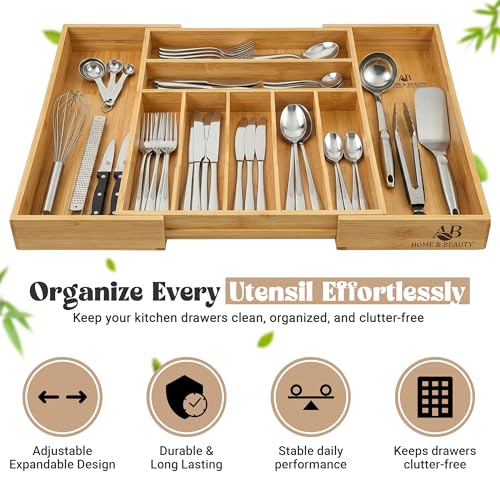 AB Home & Beauty Expandable Bamboo Drawer Organizer for Kitchen Utensils - Adjustable Silverware Organizer, Non-Slip Bamboo Cutlery Tray, Eco-Friendly Kitchen Drawer Storage by AB Home & Beauty - Used condition - Image 2