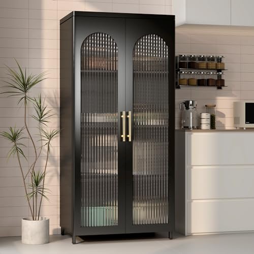 Kitchen-Pantry-Storage-Cabinets-Metal-Sideboard-Storage-Cabinet-with-Glass-Doors-and-Adjustable-Shelves-Modern-Furniture-Pantry-Cabinet-for-Kitchen-Living-Room-and-Dining-Room-Black Kitchen Pantry Storage Cabinets Metal Sideboard Storage Cabinet with Glass Doors and Adjustable Shelves Modern Furniture Pantry Cabinet for Kitchen Living Room and Dining Room Black