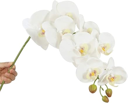 4 Stems 98 cm 9 Flower Heads/Stem Artificial Phalaenopsis Real Touch Orchids Flowers for Home Wedding Decor White&Yellow Heart