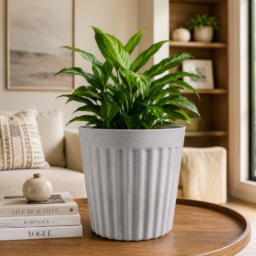 Image of Go Hooked Round Planter Pot (8Inch, Pack of 3) | White Marble Texture Stylish Modern Ribbed Design | Decorative Indoor Outdoor Plastic Flower Pots for Balcony, Living Room, Garden, Home & Office Decor