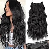 KooKaStyle Invisible Wire Hair Extensions with Transparent Headband Adjustable Size 4 Secure Clips Black Long Wavy Synthetic Hairpiece 20 Inch for Women