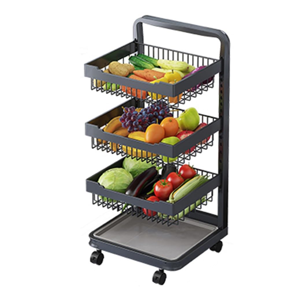 Carrello portafrutta e Verdura a 3 Ripiani con Ruote – Carrello Organizer Multiuso per Cucina, Spesa e dispensa – Colore Nero