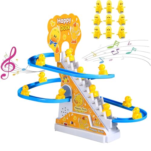 Small Ducks Climbing Toys Electric Llittle Duck Climbing Stairs Toy Funny Duck Roller Coaster Track with 9 Ducks LED Lights & Music Button Small Duck Slide Toy for Children Kids and Baby