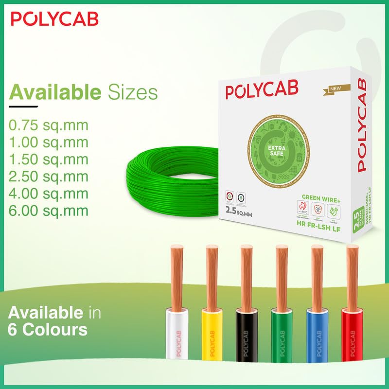 Image of Polycab Green Wire+ 90M coil |2.5 SQ MM|Heat resistant upto 900 C | Low smoke | Low toxic fumes | GreenPro certified | 99.97% high purity copper | Rodent protection | Eco friendly (Blue),Pack of 12