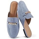 Womens Mules Buckle Flats: Classic Suede Slip On Shoes Dressy Closed Toe Backless Slides Loafers 2026 for Business Work Office Casual Blue
