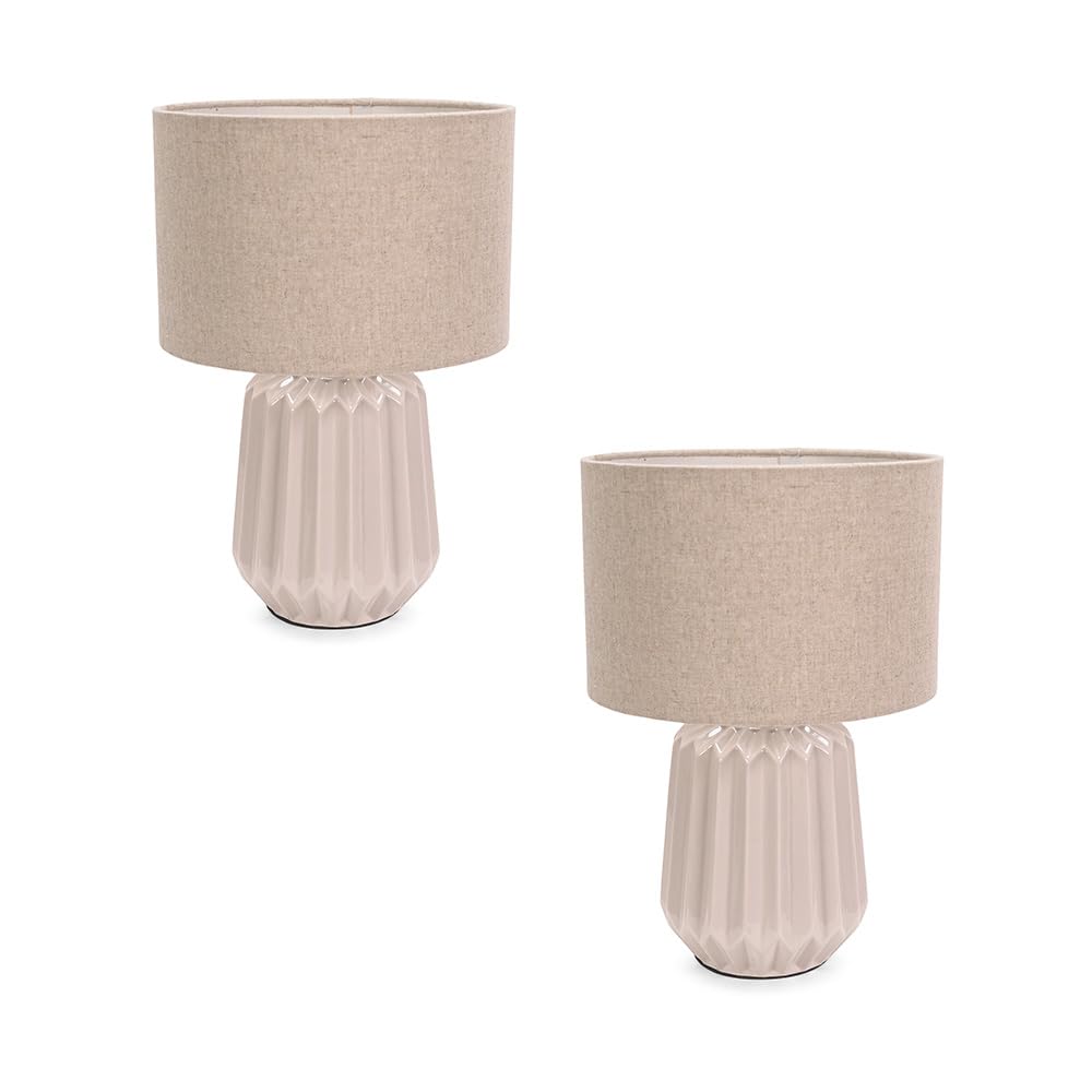 Valuelights Unisex Cream Zak Pair Pleated Textured Ceramic Table Lamps With Matching Fabric Lamp Shades In