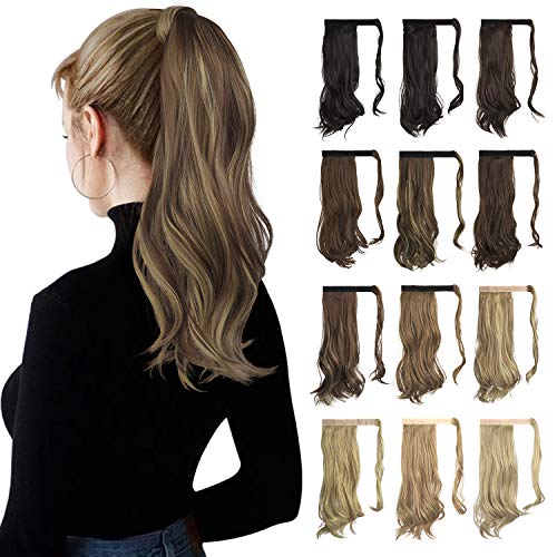 Sofeiyan Curly Ponytail Extension 15 Inch Heat Resistant Synthetic Natural Wavy Hairpiece Wrap Around Pony Tail Hair Extensions for White Black Women Hair Piece, Brown & Blonde