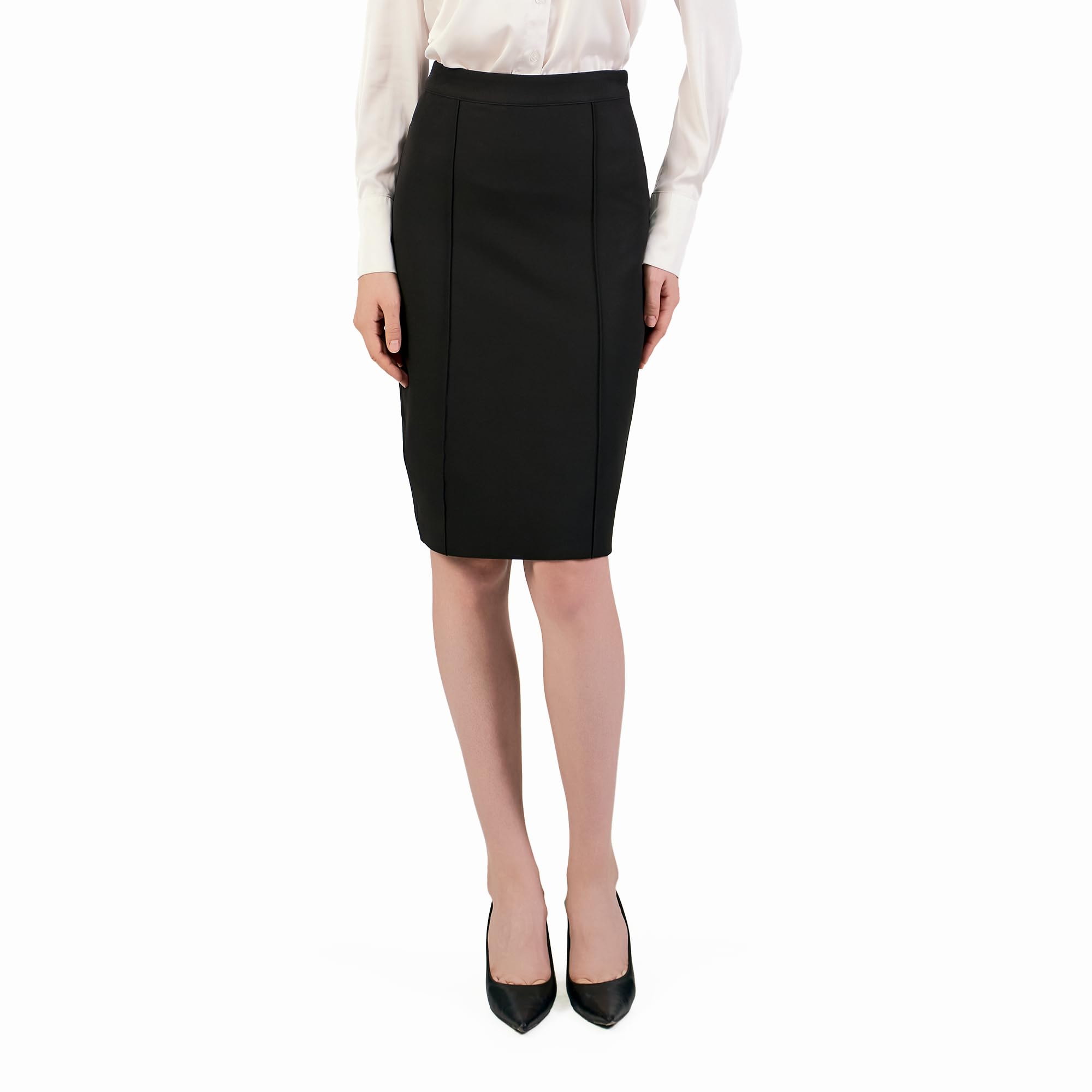 Damen-Bleistiftrock, knielang, hohe Taille, schmale Passform, Rückenschlitz, unsichtbarer Reißverschluss, Business, Arbeit, Büro, Outfit