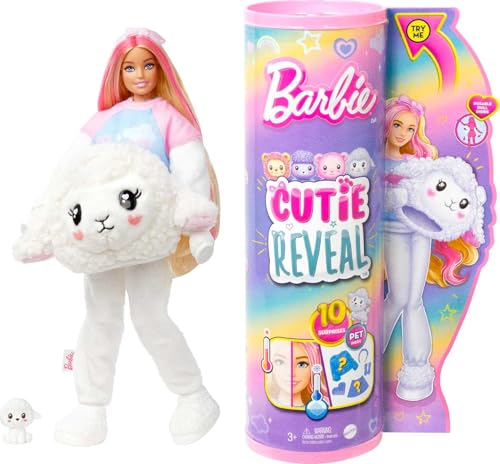 Barbie Cutie Reveal T-shirts Cozy ovelha disfarce revelam uma boneca articulada com animal de estimação e acessórios surpresa na moda, brinquedo + 3 anos (Mattel HKR03)