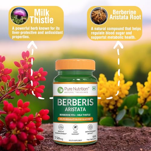 Image of Pure Nutrition Berberis Aristata Supplement | 95% Berberine and Milk Thistle | Berberine for Weight Loss Supports Liver Health & Antioxidant | Herbal Formula for Detox Liver & Metabolic Wellness - 60 Veg Capsules
