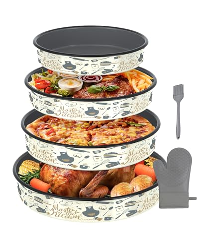 MCCSI Round Baking Pan Enamel Roasting Dish 4-Pack 9/10/12/14 Inches Non Stick High Temperature Resistance Cookware for Cake Pie Pizza & Meat, Oven Dishwasher Safe Mother Day Gift Bakeware Set