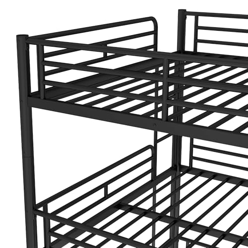 Image of Queen Over Queen Over Queen Bunk Bed with Safety Guardrails, Modern Metal Triple Bed Frame for Kids, No Box Spring Required, Black