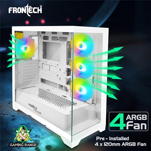 Image of Frontech Valour ATX Mid Tower Gaming Computer Cabinet | Tempered Glass Panels | 4 ARGB Fans | USB 3.0 & Type-C | White Gaming PC Cabinet(FT-4387)
