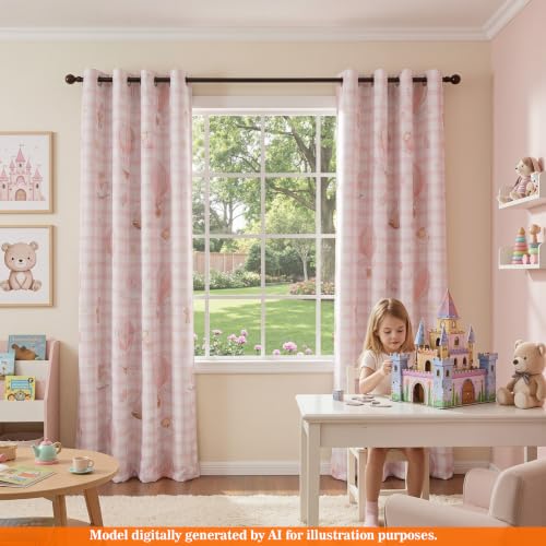 Image of MYSKY HOME Girls Blackout Pink Plaid Curtains 63 Inch Long for Girls Kids Bedroom Nursery Dining Room Cute Bear Boat Balloon Castle Patterns Grommet Thermal Insulated Window Treatments, W52, 2 Pcs