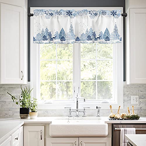 Christmas Snowman Kitchen Curtains And Valances Sets Winter New Year Snowflake Blue Xmas Rod Pocket Valance And Tier Set Semi-Sheer 3 Pcs Window Treatment Tiers For Bathroom/Bedroom 54X18In+28X36Inx2 #TOP2