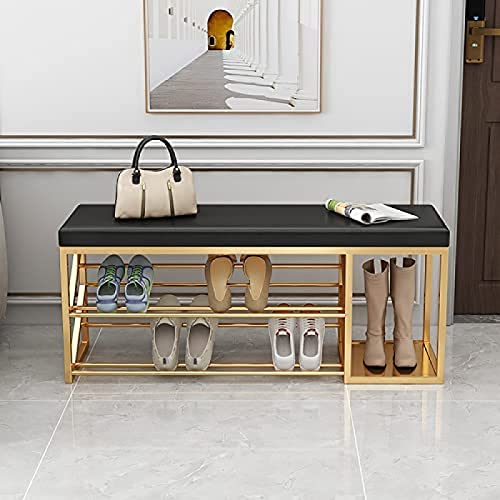 Banco De Zapatero De 2 Niveles con Almacenamiento De Botas, Banco De Entrada Moderno Banco De Almacenamiento De Zapatos De Metal, Tapizado De Cuero, Negro, 80X30X45Cm (31X12X18 Pulgadas)