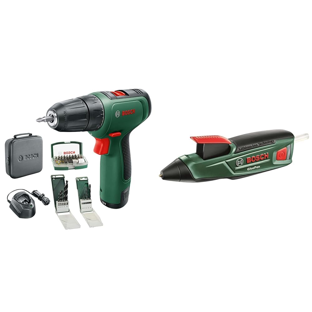 Avvitatore a batteria Bosch EasyDrill 1200 (batteria da 12 V 2,0 Ah, set trapano e cacciavite) - Edizione Amazon + Pistola incollatrice GluePen (caricatore micro USB, 4 x colla, 3,6 Volt)