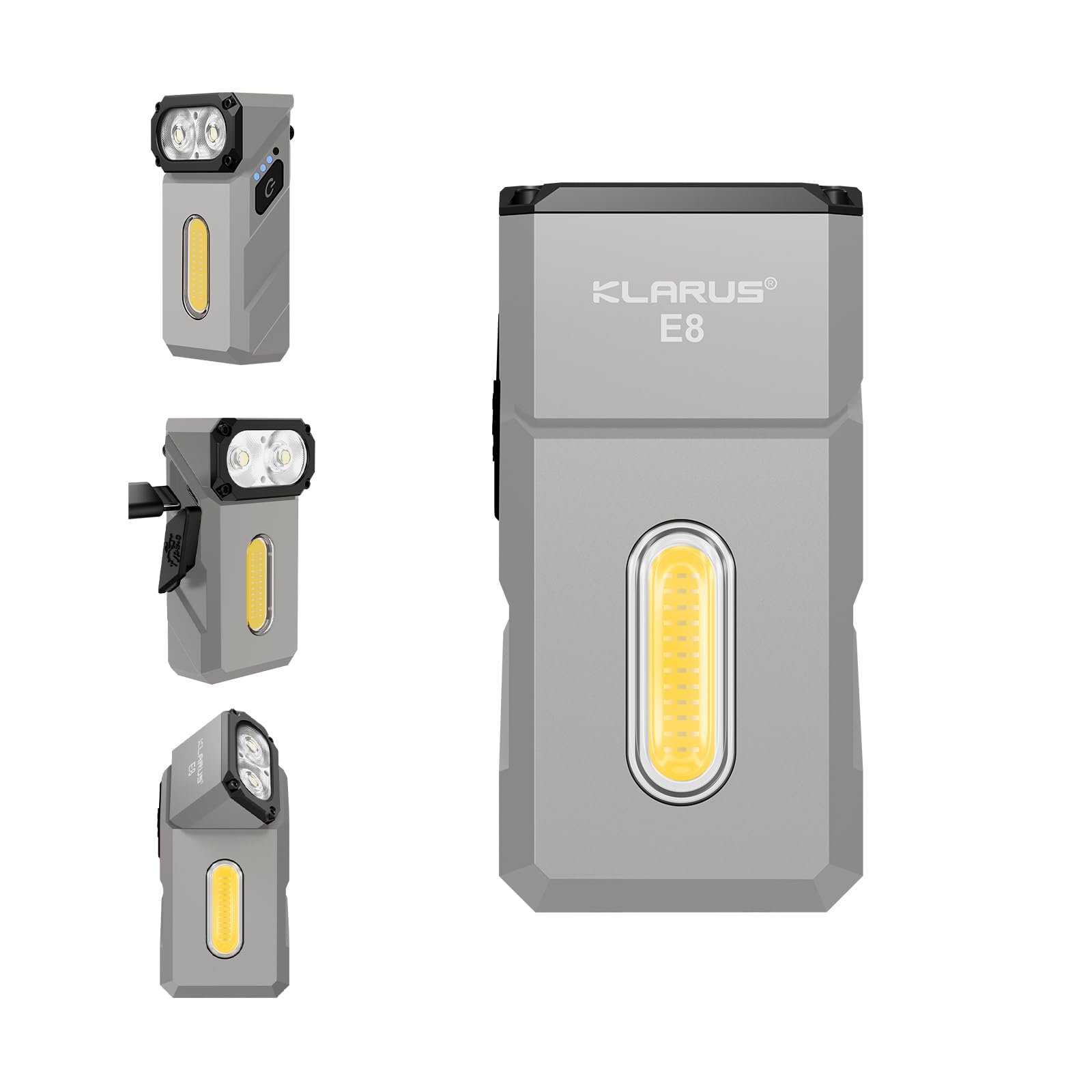 klarus E8 EDC Rechargeable Flashlight, 1000 Lumen Bright Triple-Light System, 180°Swivel Head, All-Metal Compact Design with Magnet & Pocket Clip, IPX6 Waterproof Work Light (Silver)
