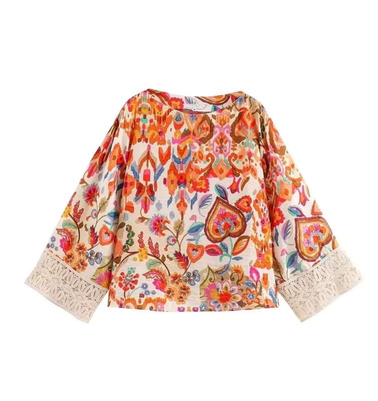 French Vacation Style Floral Print Lace Patchwork High Waisted Loose Wide Leg Pants Set Women3