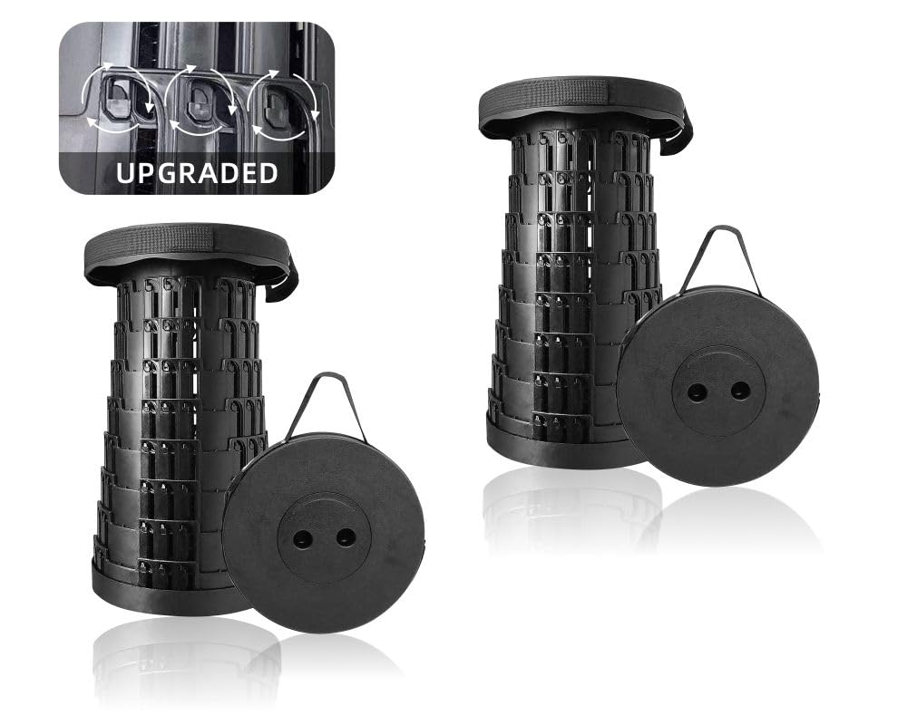 Upgraded Foldable Telescoping Stool 2-Pack - Sturdy Retractable Portable Collapsible Stool for Camping Hiking Fishing BBQ Kitchen Garden Qeuing Parties Indoor & Outdoor Activities Max 550lbs (Black)