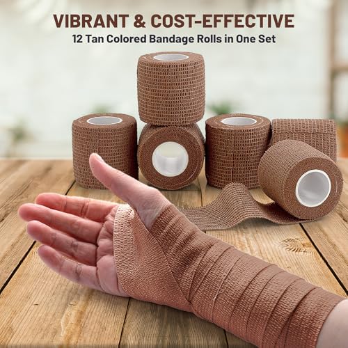 Self Adherent Cohesive Tape - 2" x 5 Yards, 12 Pack (Medium Tan) Self Adhesive Bandage Rolls & Sports Athletic Wrap for Ankle, Wrist, Knee Sprains and Swelling miniatura 3