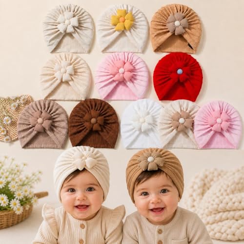 Image of 4 Pcs Baby Flower Headband Turban Hats Cotton Infant Knot Beanie for Gift Newborn Girls Boys | Soft Flower Head Wrap Baby Cap | Stretchable Toddler Kids Hat
