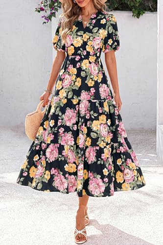 dowerme Women Summer Puff Short Sleeve Floral Boho Tiered Ruffle Maxi Dress - image 8