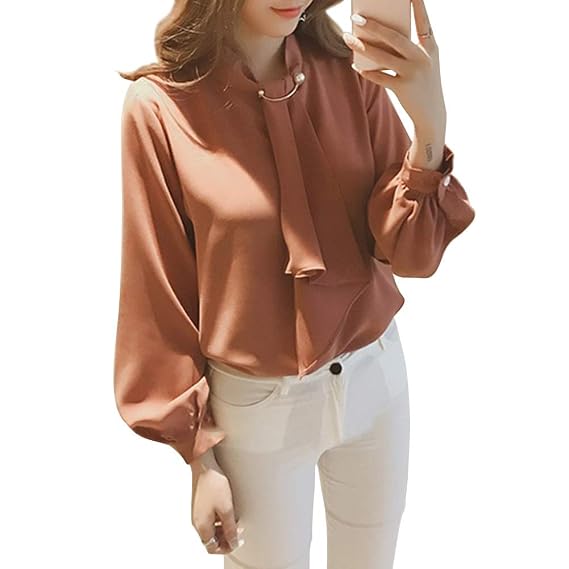 Buy FairOnly Women Fashion Loop Collar Lantern Sleeve Chiffon Shirt Dark  Pink M at Amazon.in