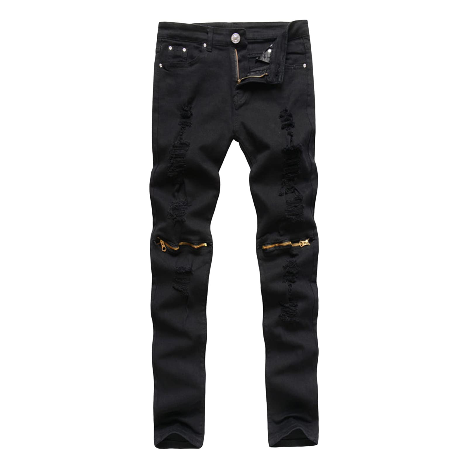 Mens Ripped Moto Biker Jeans Vintage Zipper Distressed Denim Pants Destroyed Slim Fit Stretch Pencil Jean