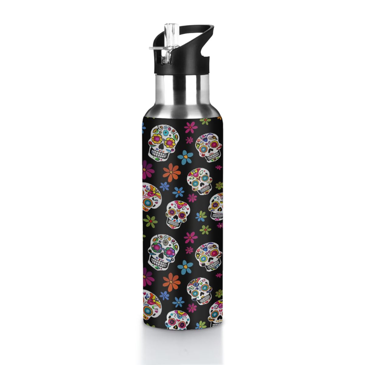 VQUVQV Stainless Steel Water Bottle with Straw Lid, 600ml Insulated Leakproof Sports Bottle Thermal Flask for Cold and Hot Drink, Colorful Sugar Skull Pattern