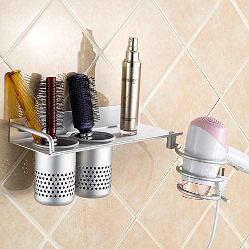 Cavoli Hair Blow Dryer Holder Wall Mounted,Space Aluminum, Nail Free Glue/ Drilling Screw, Bathroom Hanging Rack Organizer With 2 Cups #TOP1