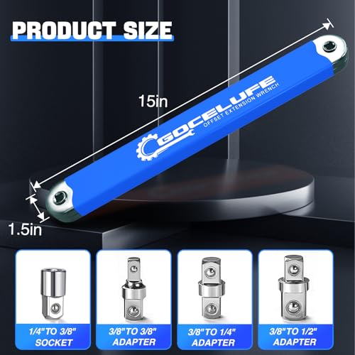 Image of Offset Extension Wrench Impact - Tight Reach Wrench Set with Universal Square Drive Adapters (1 /4 inch, 3 /8 inch, 1 /2 inch) - Ideal for Tight Spaces - Unique Tool gifts for Mechanic Men Dad (Blue)