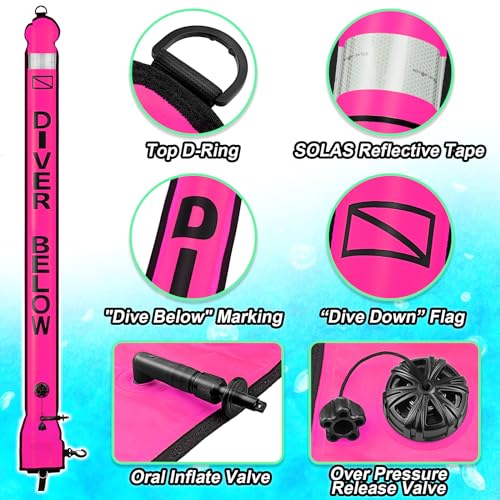 Image of Surface Marker Buoy Scuba with Reel, 5ft High Visibility Diving Open Bottom Signal Tube Safety Sausage with Pouch Bag, 100ft ABS Dive Reel and Steel Double-Ended Bolt Snap (Hi-Vi Pink)