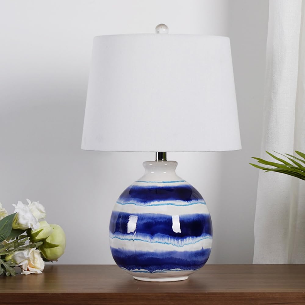 Lampada da tavolo Coastal Home Decor con paralume in tessuto, moderna lampada in ceramica blu e bianca per soggiorno, lampada da comodino bianca da 54 cm per camera da letto