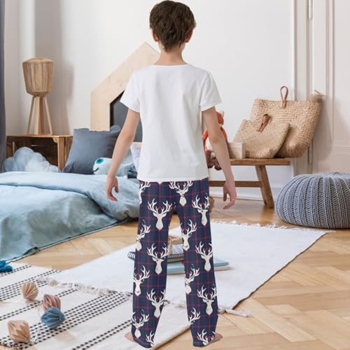 Boy's Lounge Pants Classic Blue Red Checkers Deer Kids Jogger Pants Elastic Waist Long Bottoms with Pockets 6-14 Y3