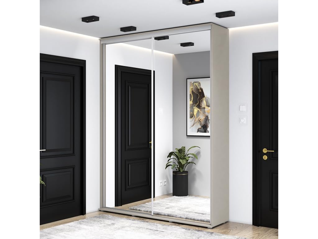 ZUZA 2 Garderobenschrank - Kleiderschrank mit Spiegel und Schiebetüren - 150x242x45cm - Kleiderstange Schrank - für Schlafzimmer, Flur - Holzwerkstoff, Kaschmir
