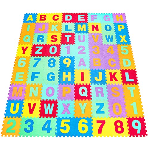 COSTWAY Kindervloeren puzzelmat speelmat (72-delige set), baby schuim speelmat met afneembare alfabet en cijfers, in elkaar grijpende EVA speelkleed vloertegels voor peuters en kleuters, 31,5 x 31,5 cm - Afbeelding 8
