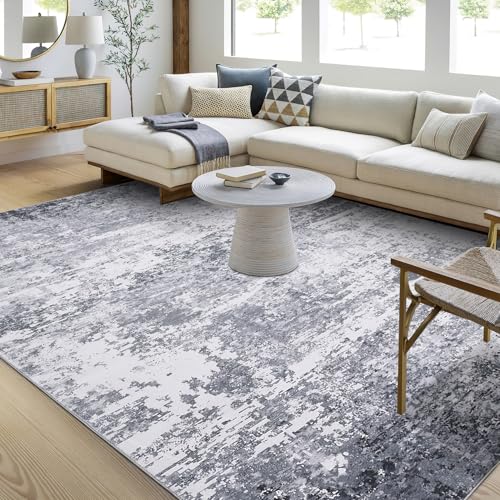 GarveeHome 9x12 Modern Abstract Accent Rug Non Slip Stain Resistant Washable Low Pile Accent Washable Rug for Living Room Bedroom Indoor Floor Cover Office Home Decor, Light Grey