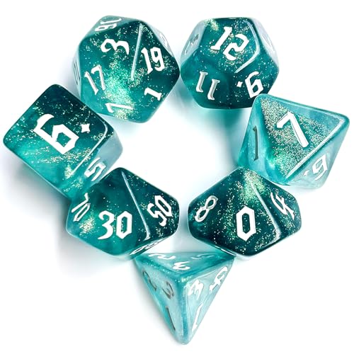 Polyhedral Dice Set, 7-Piece Translucent Teal with Glitter, White Numbers for DND